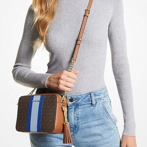 Michael Kors Brown Crossbody Camera Bag with Blue Center Stripes